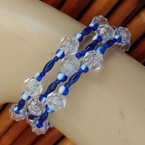 HANDMADE Blue, White & Clear Glass Wrap Around Cuff Bracelet Adjustable